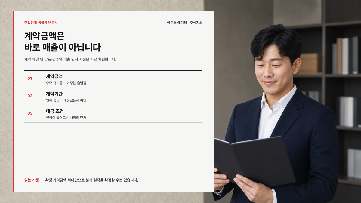이준호 에디터가 공급계약 공시에서 계약금액과 매출 인식, 대금 조건을 구분해 설명하는 카드뉴스