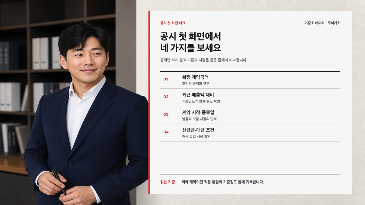 이준호 에디터가 공급계약 공시 첫 화면에서 계약금액 매출액 대비 기간 대금조건을 확인하는 방법을 설명하는 카드뉴스