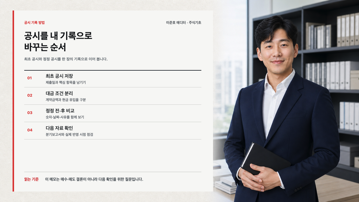 이준호 에디터가 최초 공시 대금 조건 정정공시 후속 자료 순서로 공급계약 공시를 기록하는 방법을 설명하는 카드뉴스