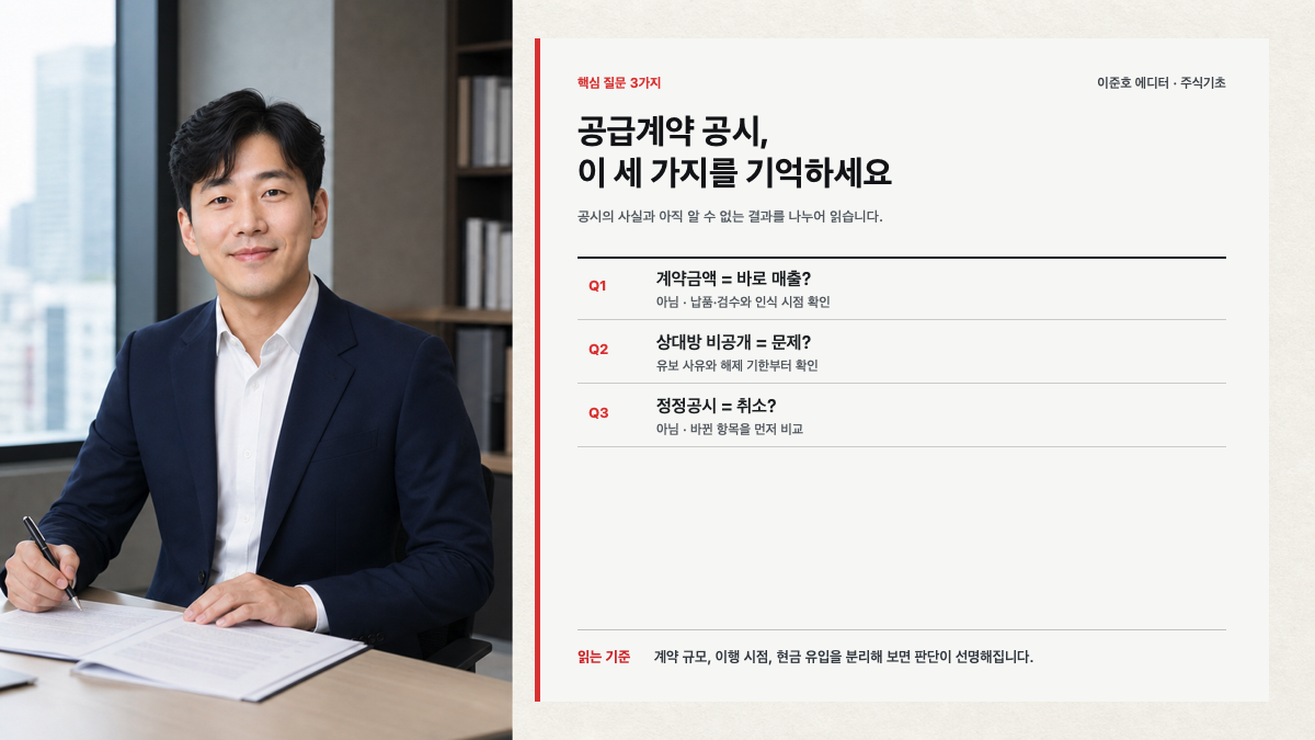 이준호 에디터가 공급계약 공시의 매출 인식 비공개 계약상대방 정정공시에 관한 질문을 설명하는 카드뉴스