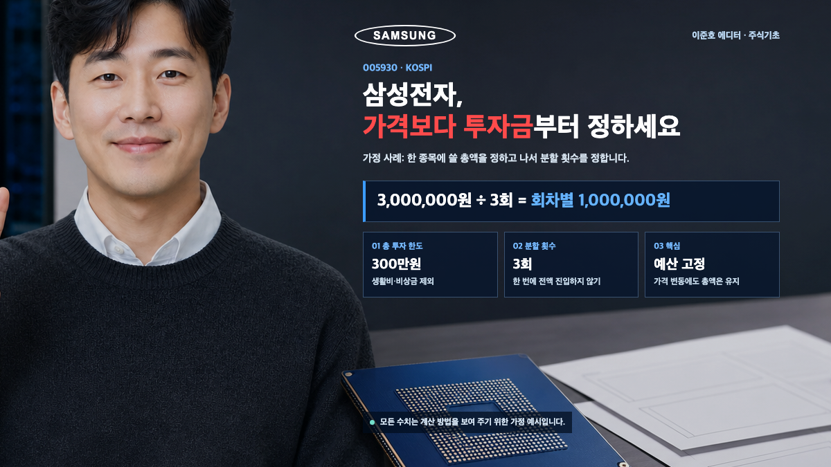 이준호 에디터가 삼성전자 매수 전 투자 예산을 3회로 나누는 계산을 설명하는 카드뉴스