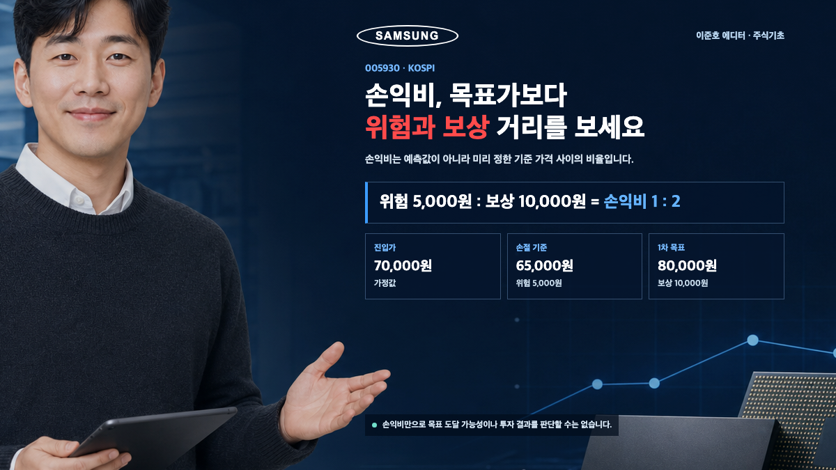 이준호 에디터가 삼성전자 가정 사례에서 위험과 보상으로 손익비 1대2를 설명하는 카드뉴스