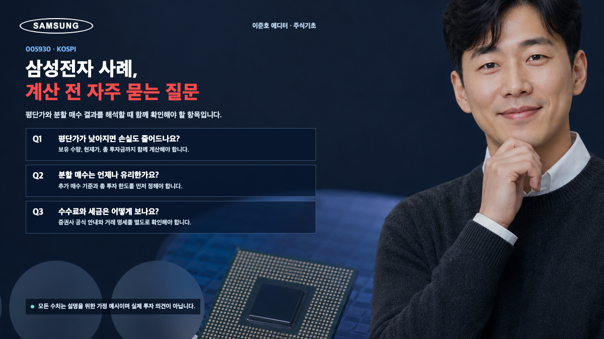 이준호 에디터가 삼성전자 가정 사례의 평단가와 분할 매수 관련 질문을 설명하는 카드뉴스