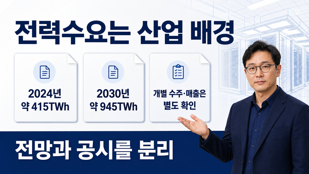 AI 데이터센터 전력 수요가 변압기 GIS 초고압 케이블을 거쳐 전력망으로 연결되지만 기업별 매출 반영은 별도 확인해야 한다는 카드뉴스