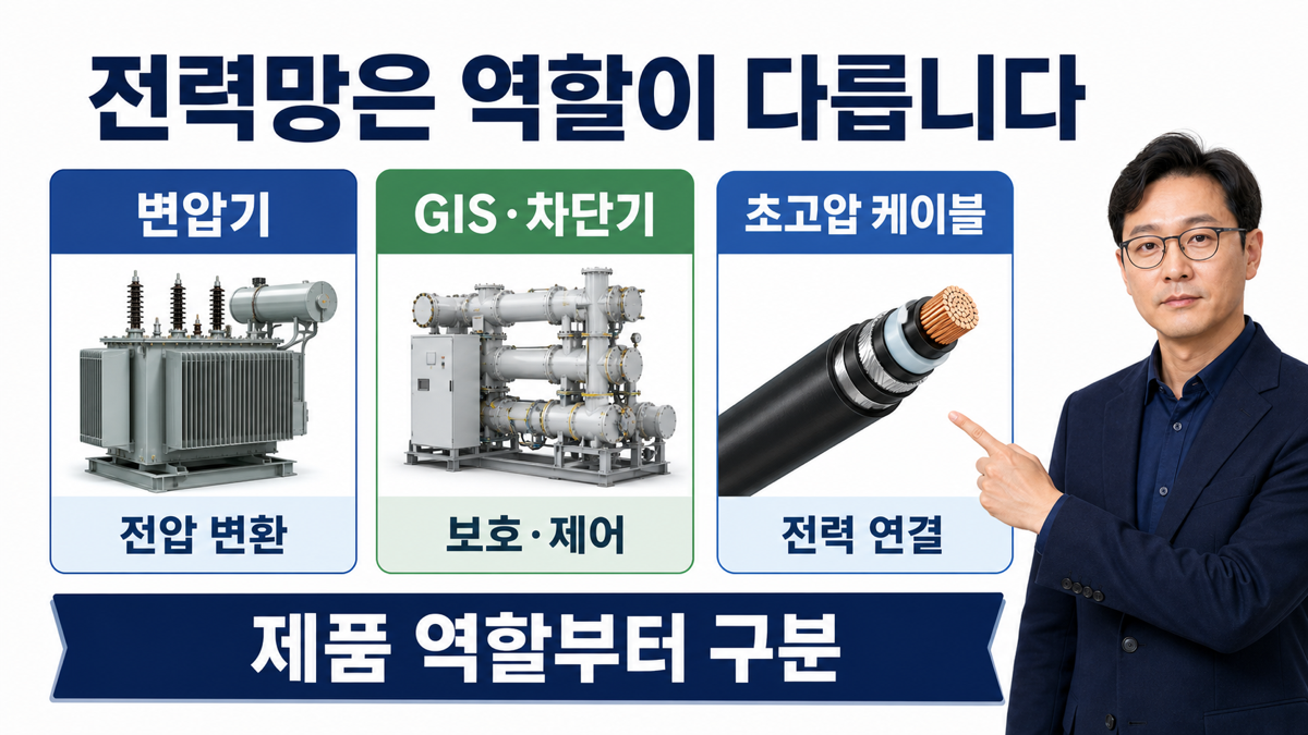 전력망에서 변압기 GIS 초고압 케이블이 각각 전압 변환 전력 보호 전력 연결 역할을 맡는다는 카드뉴스
