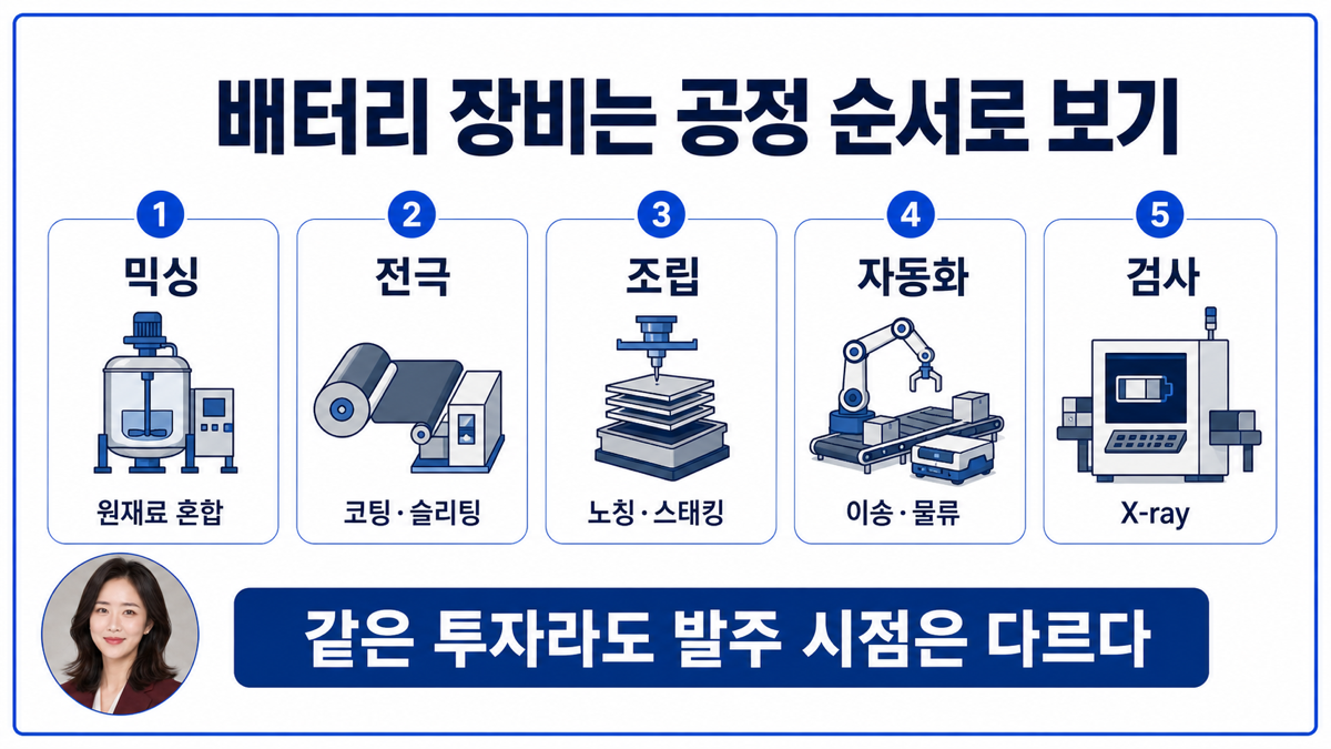 2차전지 장비 공정을 믹싱 전극 조립 자동화 검사 순서로 정리한 카드뉴스