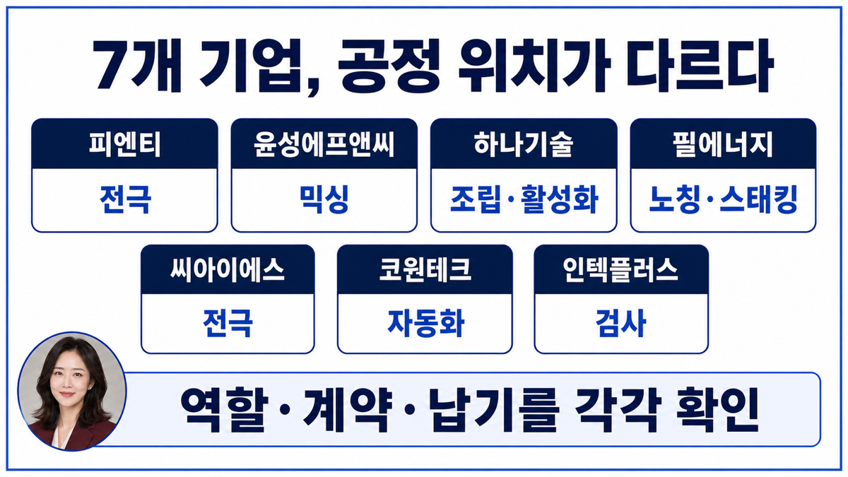 2차전지 장비 7개 기업을 믹싱 전극 조립 자동화 검사 역할로 구분한 카드뉴스