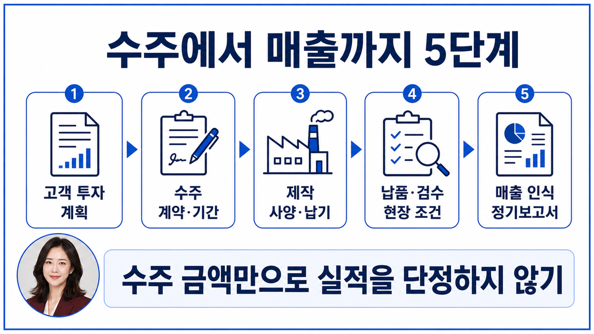2차전지 장비를 투자 계획 수주 제작 납품 검수 매출 인식 순서로 점검하는 카드뉴스