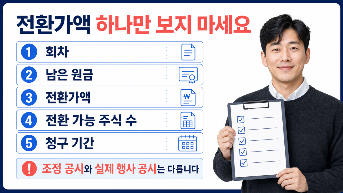 전환사채 전환가액 조정 공시에서 회차 원금 조정 전후 가격 전환 가능 주식 수 청구 기간을 순서대로 확인하는 카드뉴스
