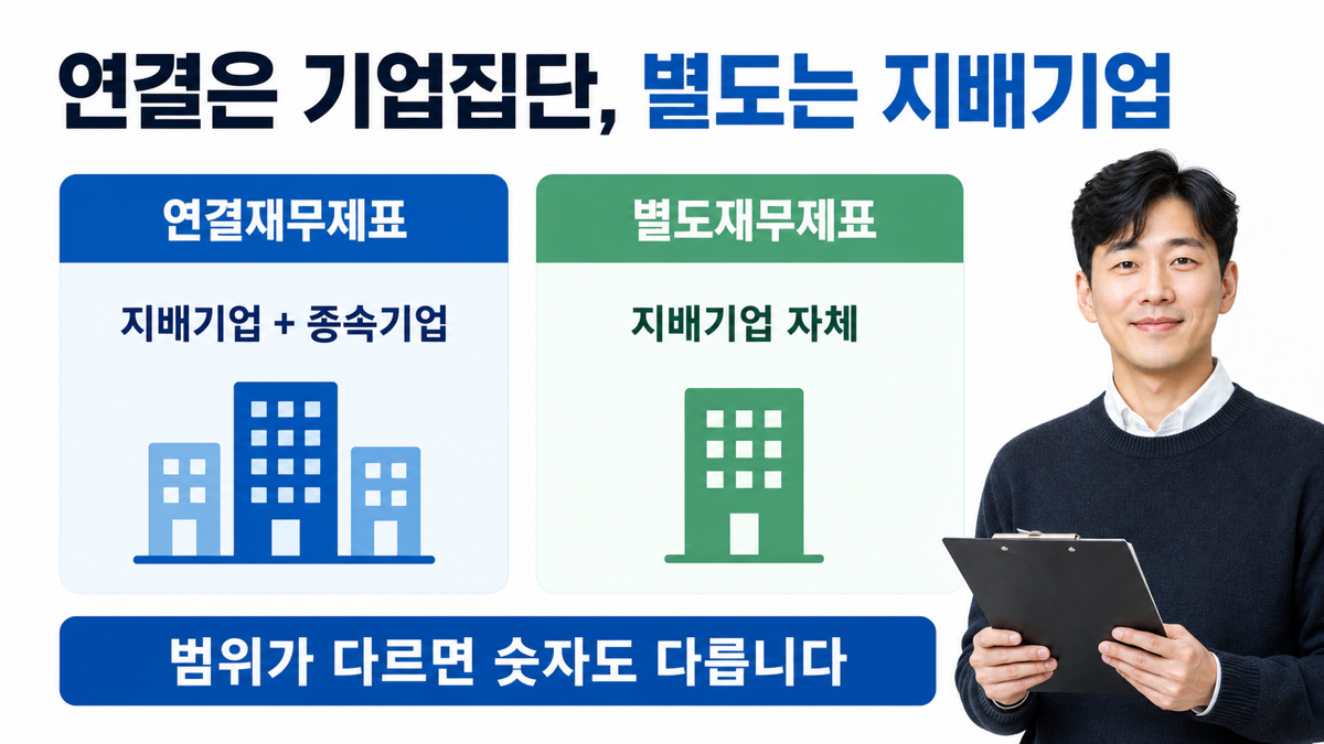 연결재무제표는 지배기업과 종속기업을 포함하고 별도재무제표는 지배기업 자체를 보는 구조를 비교한 카드뉴스