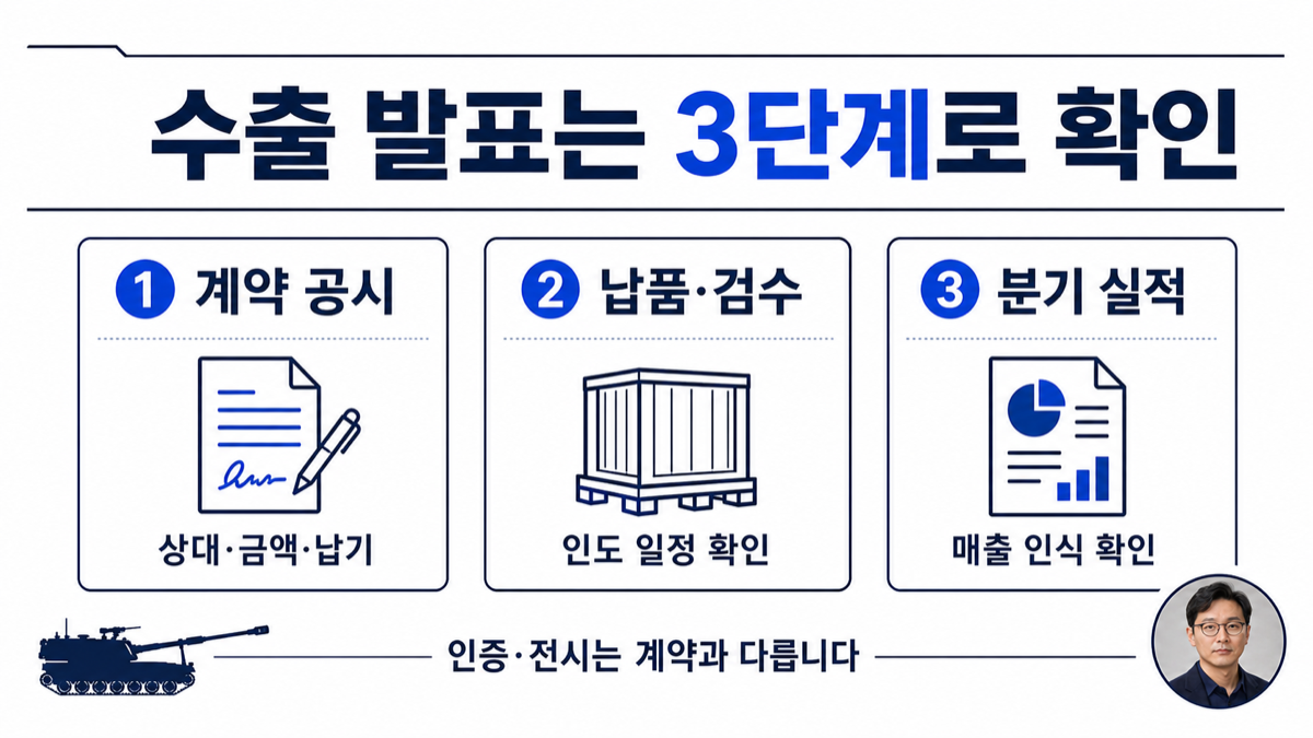 방산 수출은 계약, 납품, 실적 반영의 순서로 확인해야 한다는 도식
