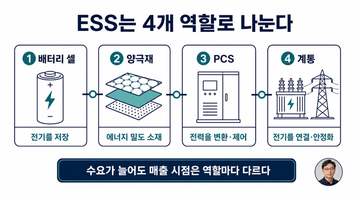 ESS 산업을 배터리 셀, 양극재, PCS, 계통 연결 역할로 나눈 설명 카드