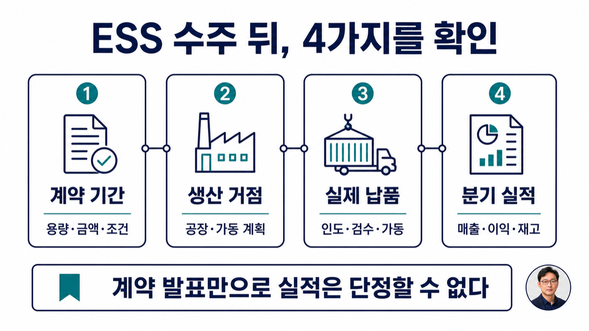 ESS 계약 뒤에 계약기간, 생산거점, 납품, 분기 실적을 차례로 확인하는 카드