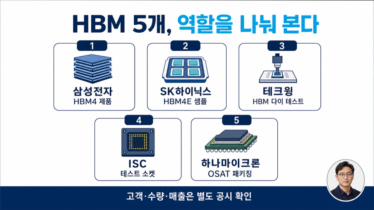 메모리 제품, HBM 다이 테스트, 테스트 소켓, OSAT 패키징으로 나눈 5개 기업의 역할