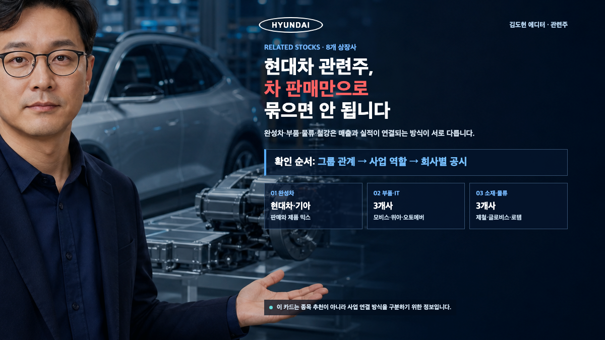 김도현 에디터가 현대차 관련주에서 완성차 부품 물류 철강의 역할을 구분하는 기준을 설명하는 카드뉴스