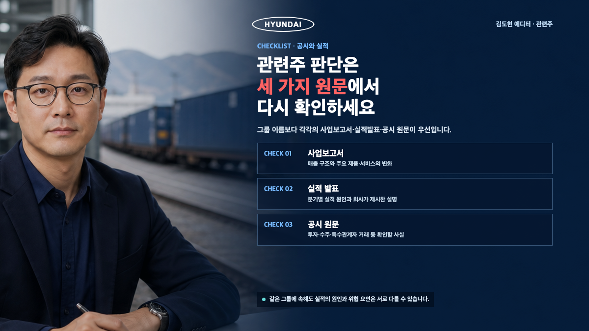 김도현 에디터가 현대차 관련주 판단에서 사업보고서 실적 발표 공시 원문을 확인해야 한다고 설명하는 카드뉴스