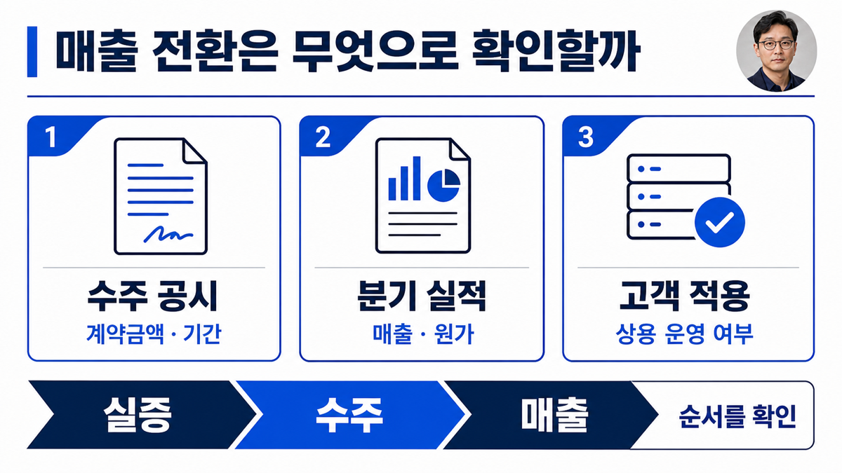 실증 이후 수주 공시와 분기 실적, 고객 적용 순서로 매출 전환을 확인해야 한다는 체크리스트
