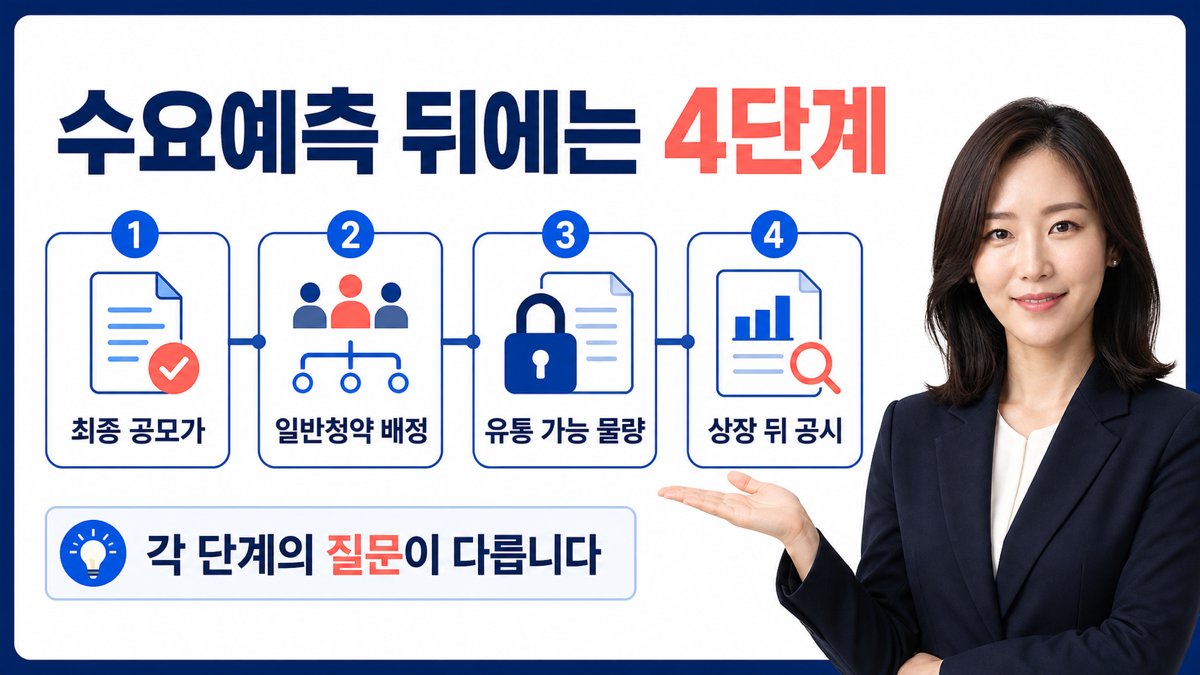 공모주 수요예측 뒤 최종 공모가 배정 결과 유통 가능 물량 상장 뒤 공시를 순서대로 확인하는 카드뉴스