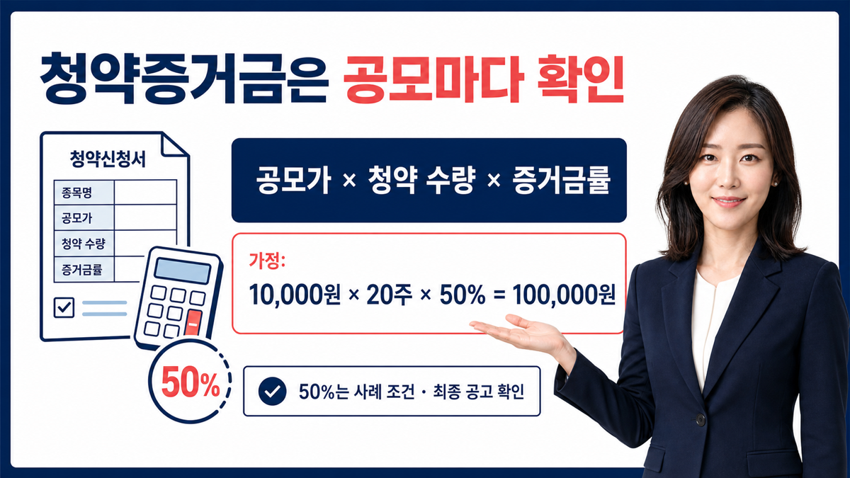 공모주 청약에서 공모가와 청약 수량에 증거금률을 적용해 필요한 현금을 계산하는 카드뉴스