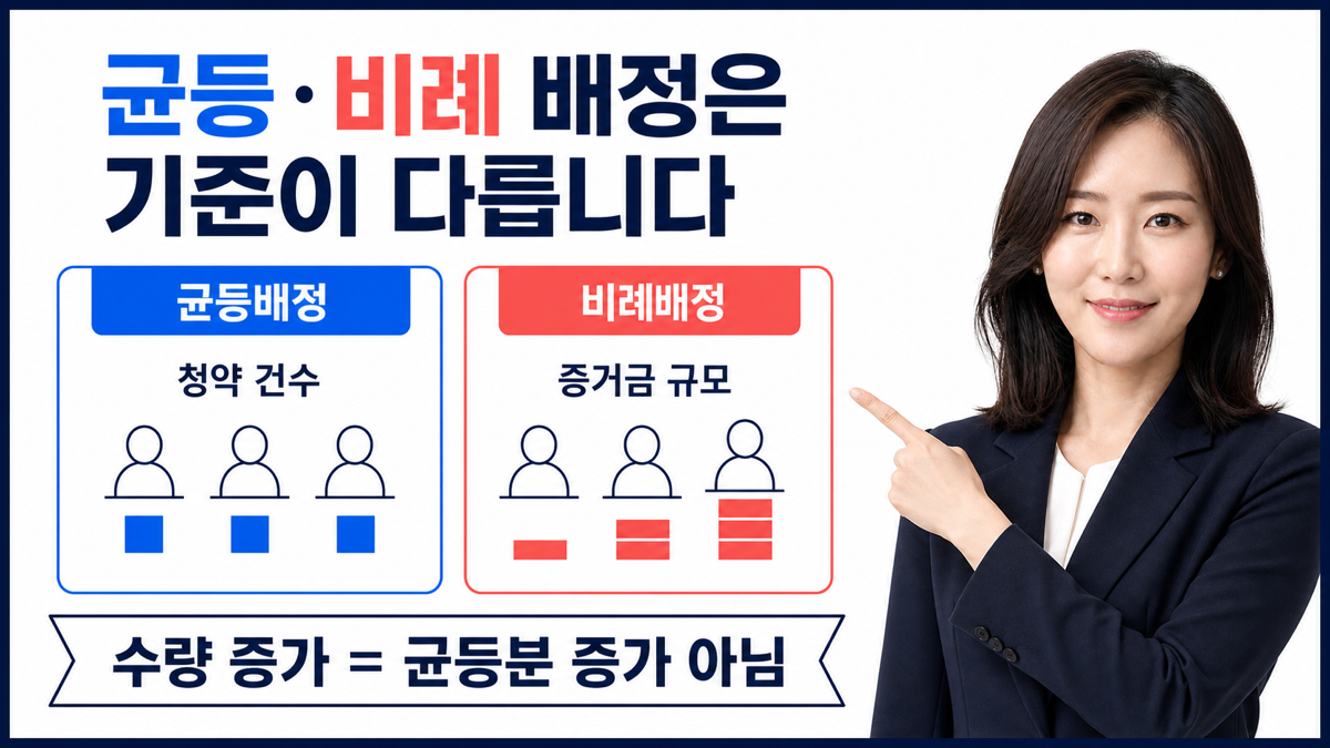 공모주 일반청약에서 균등배정은 청약 건수, 비례배정은 증거금 규모를 기준으로 구분하는 카드뉴스