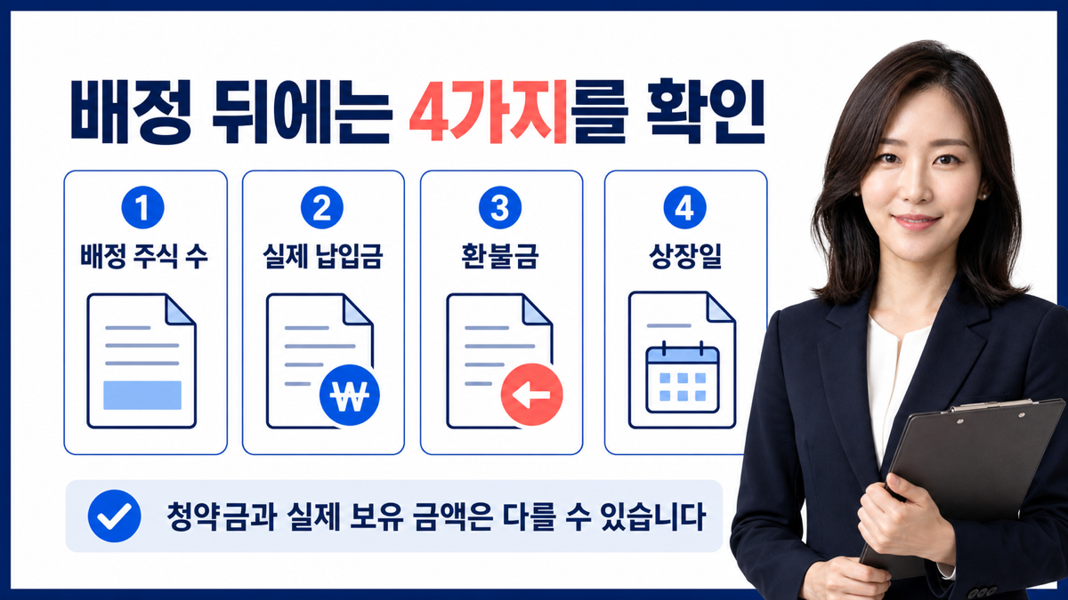 공모주 배정과 환불 안내에서 배정 주식 수, 실제 납입금, 환불금, 상장일을 차례로 확인하는 카드뉴스