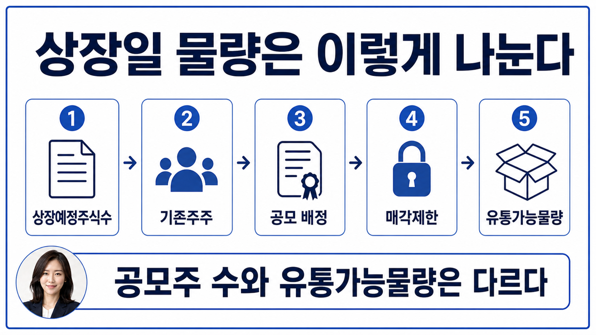 공모주 상장예정주식수를 기존주주 공모물량 매각제한 유통가능물량으로 나누는 카드뉴스