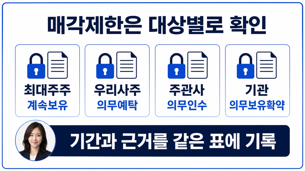 공모주 매각제한 물량을 최대주주 우리사주 주관사 기관 확약으로 구분한 카드뉴스