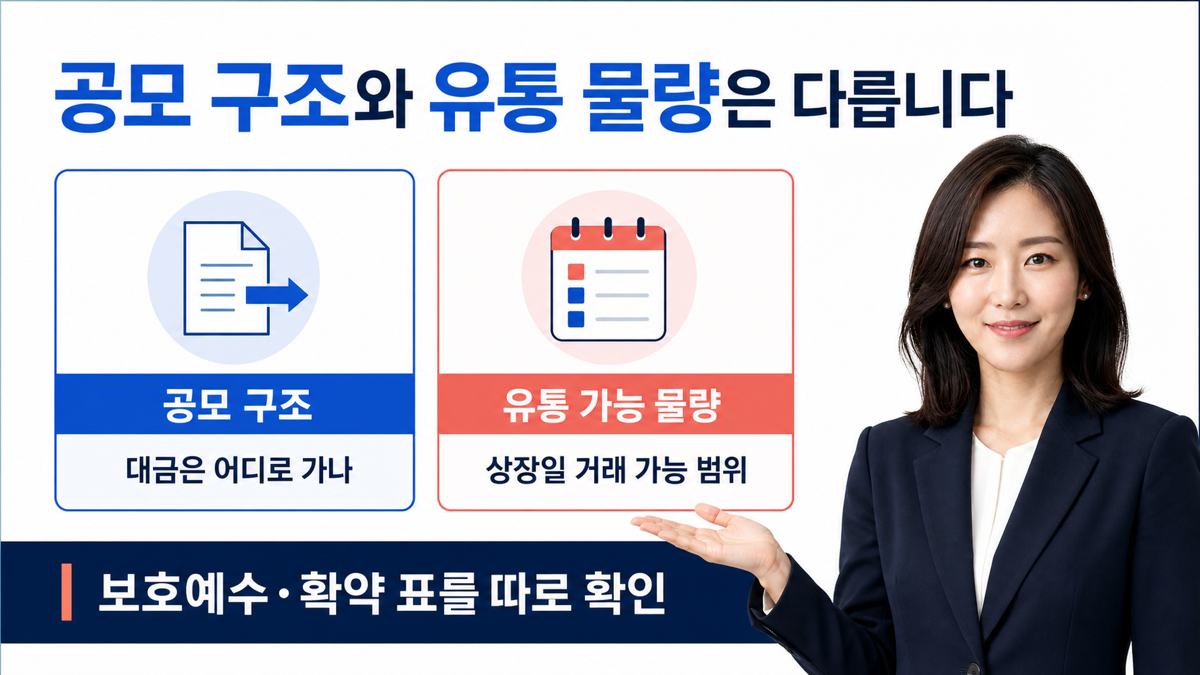 공모주에서 신주모집과 구주매출은 자금 흐름을, 유통 가능 물량은 상장일 거래 가능 범위를 설명한다는 카드뉴스