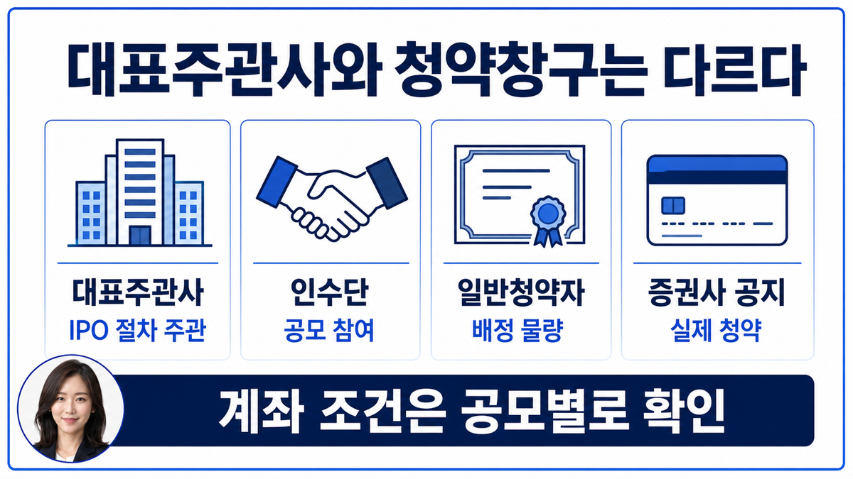공모주 대표주관사와 인수단 일반청약자 청약창구의 차이를 설명하는 카드뉴스