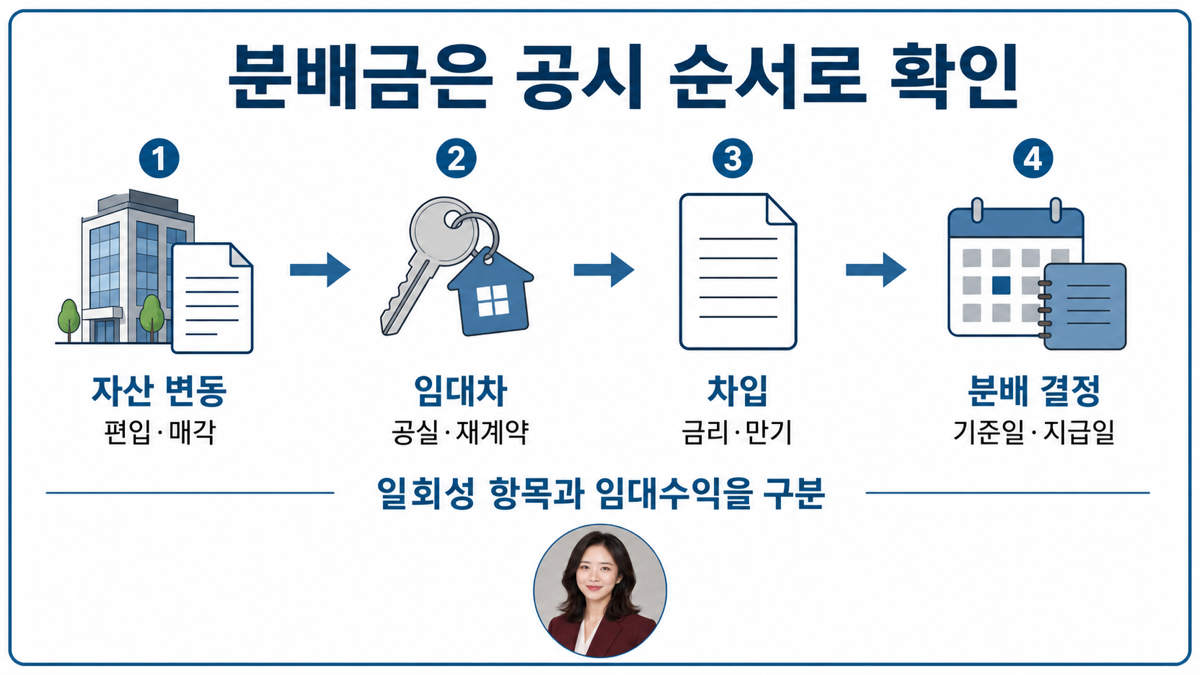 상장 리츠를 자산 임대차 차입 분배금 후속 공시 순서로 점검하는 설명 카드