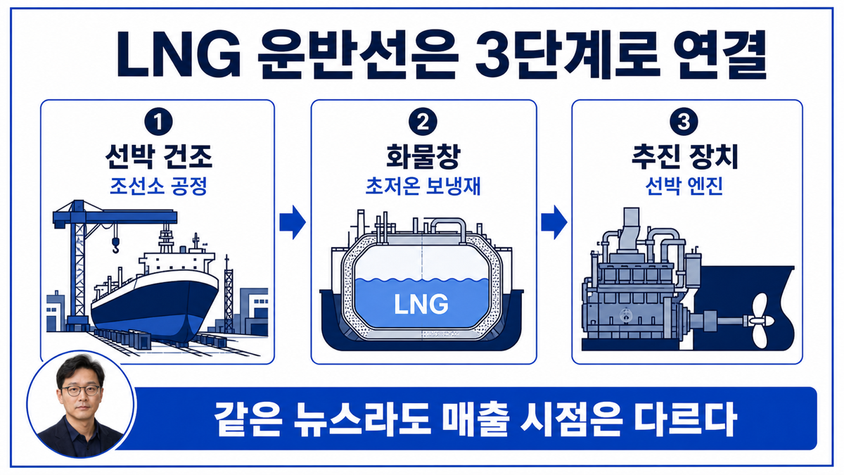 LNG 운반선 밸류체인을 선박 건조 화물창 보냉재 선박 엔진으로 나눈 카드뉴스