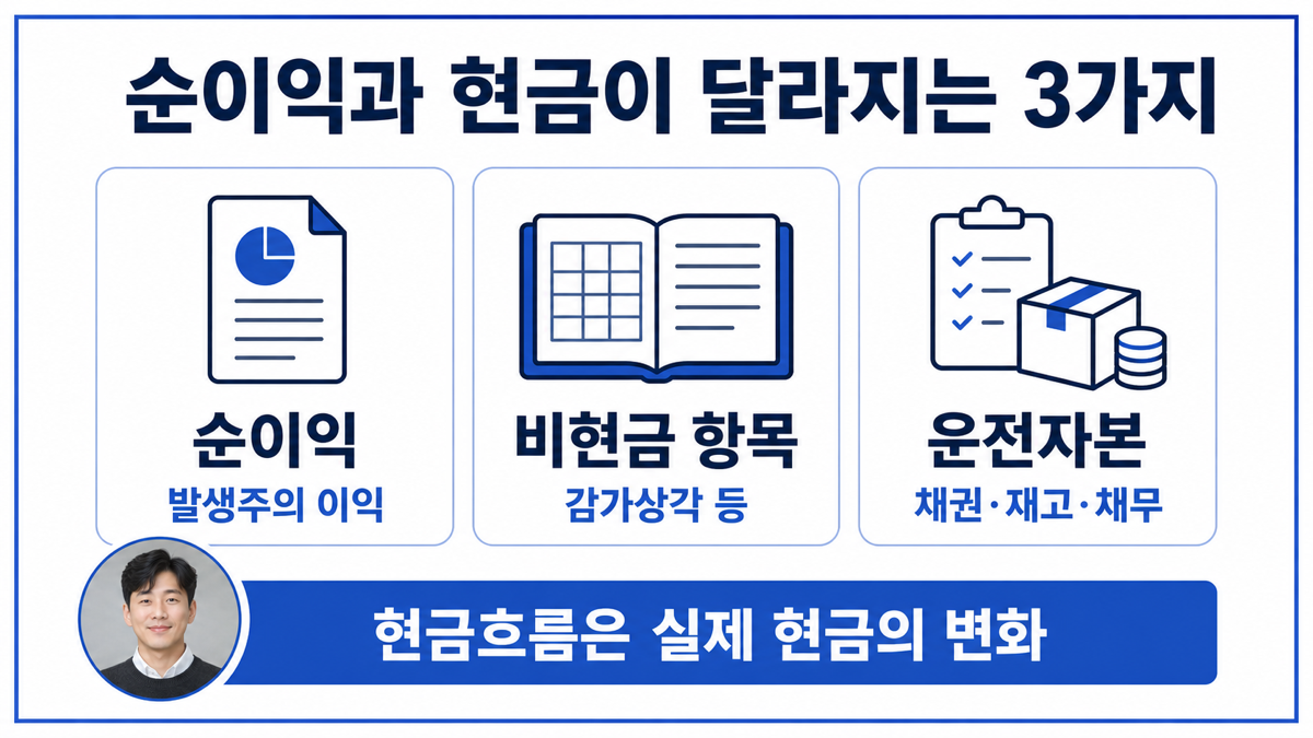 영업활동현금흐름을 순이익 비현금항목 운전자본 변동으로 나누어 보는 카드뉴스
