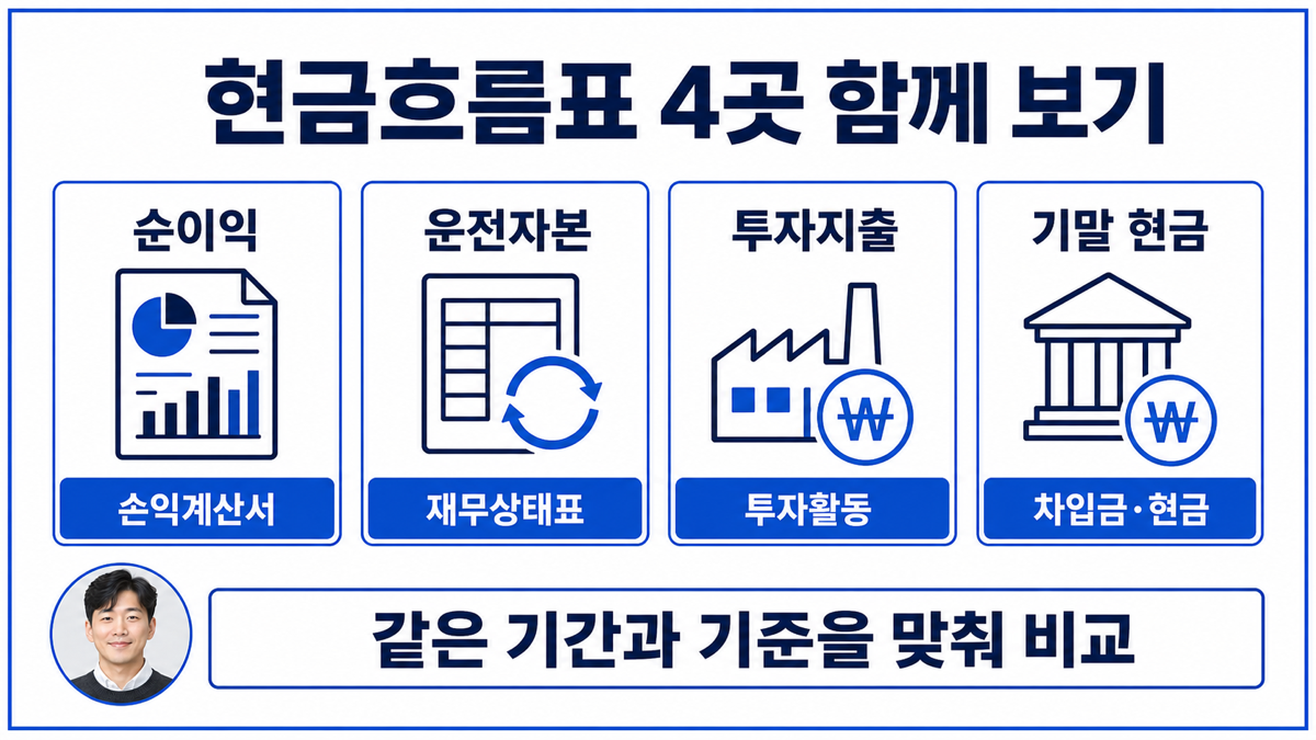 영업활동현금흐름을 순이익 매출채권 재고자산 투자지출과 함께 확인하는 카드뉴스
