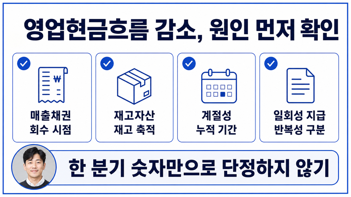 영업현금흐름 감소를 성장 투자 계절성 회수지연 일회성 요인으로 구분하는 카드뉴스