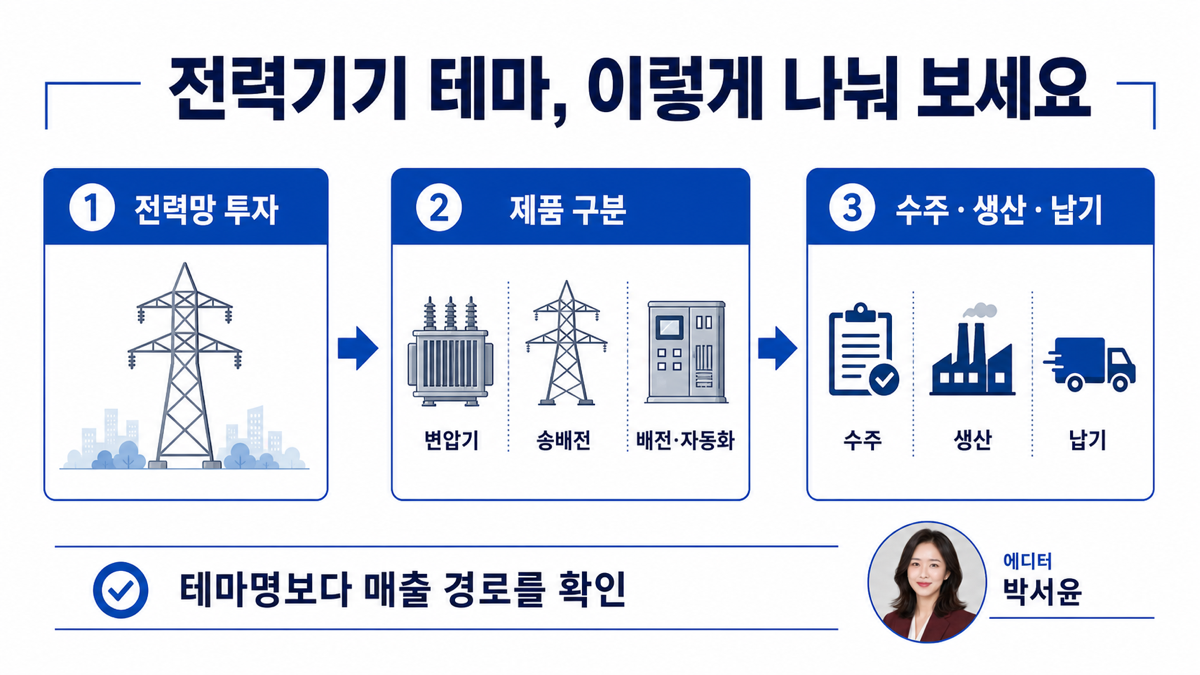 전력기기 테마를 제품 수주 생산으로 구분해 읽는 인포그래픽