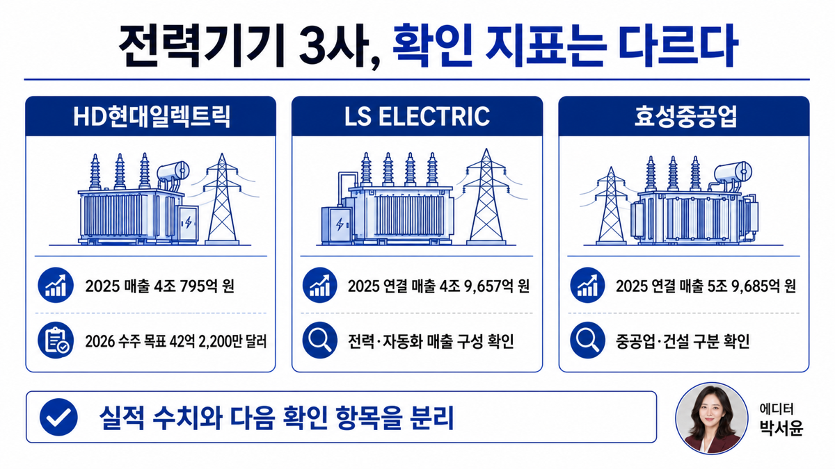 HD현대일렉트릭 LS ELECTRIC 효성중공업의 실적과 확인 지표를 비교한 인포그래픽