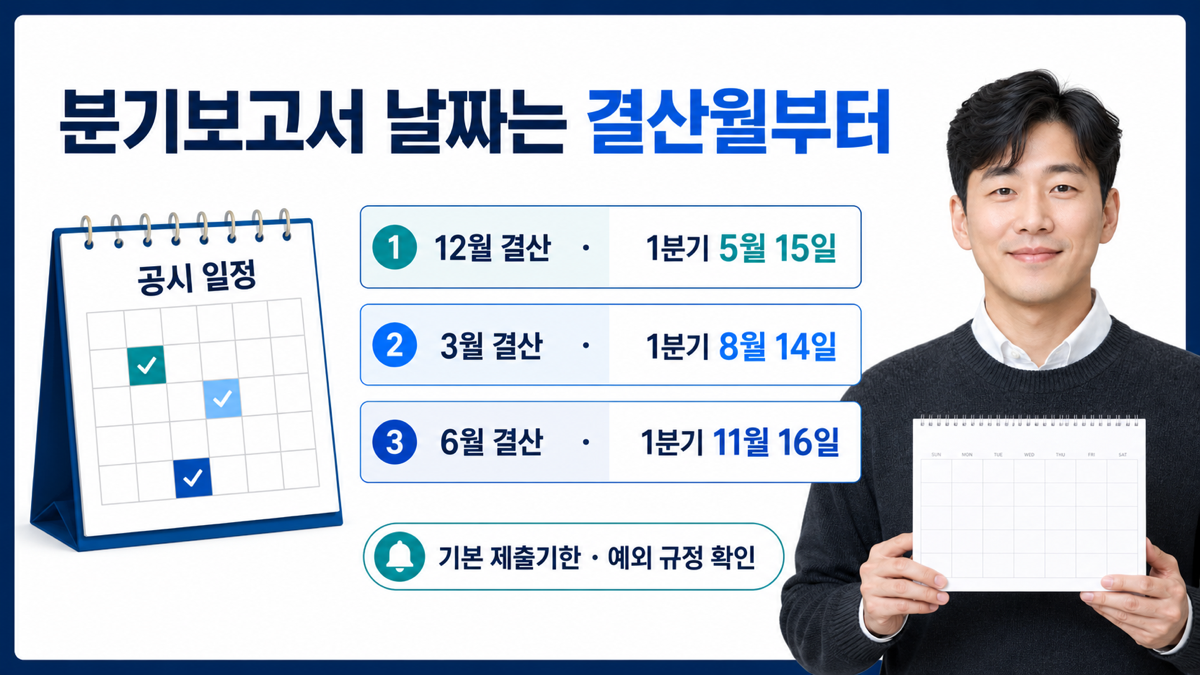 결산월이 다른 기업의 분기보고서 제출일을 달력과 표로 구분해 보여 주는 카드뉴스