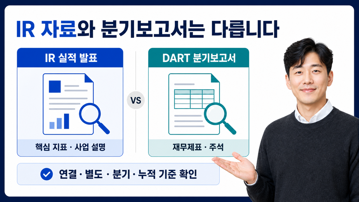 회사 IR 실적 발표 자료와 DART 법정 분기보고서를 발표 시점과 정보 범위로 비교하는 카드뉴스