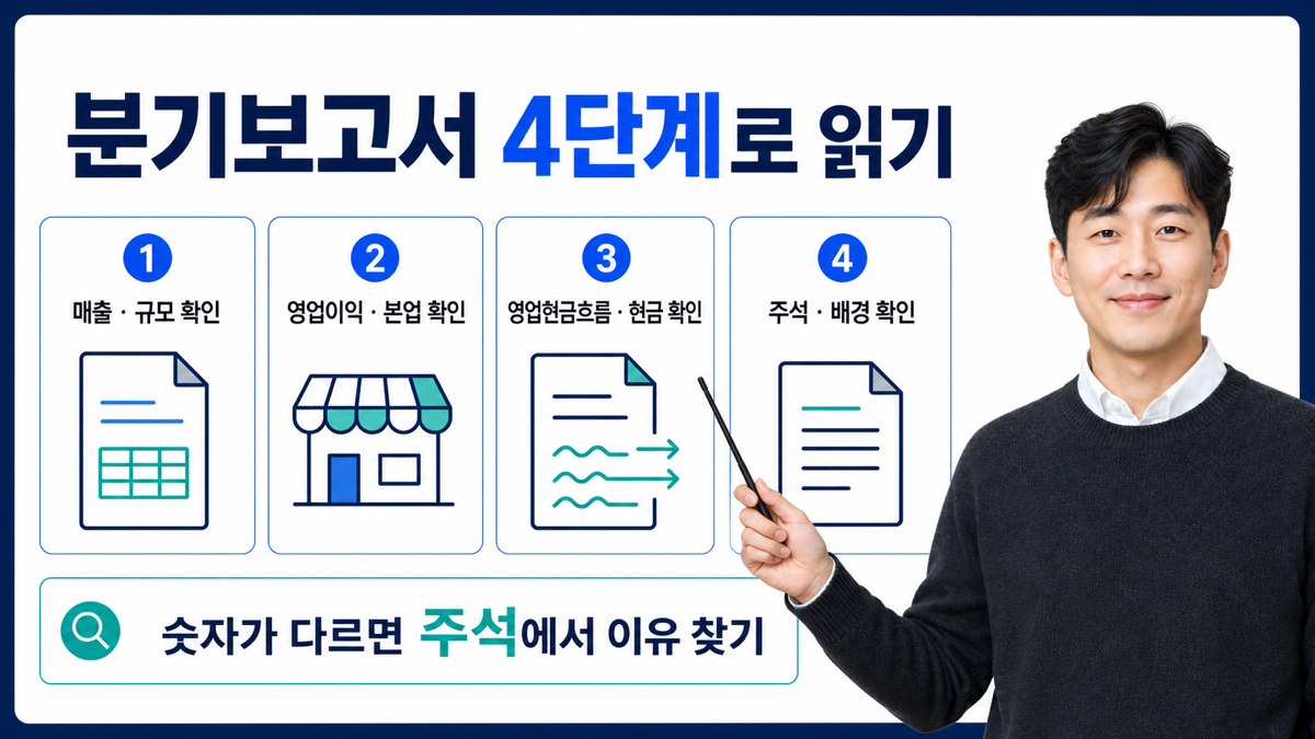 분기보고서를 매출 영업이익 영업활동현금흐름 주석 순서로 확인하는 카드뉴스