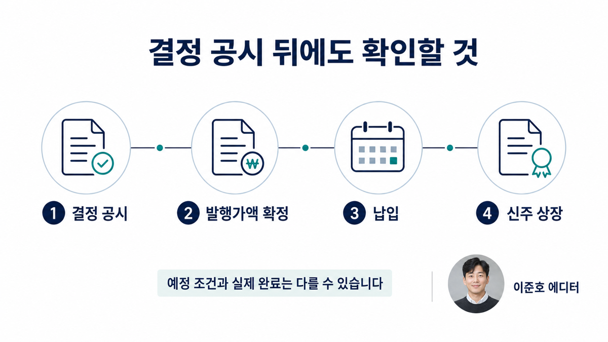 유상증자가 결정 공시 확정발행가액 정정 공시 납입 신주 상장 순서로 이어진다는 카드뉴스