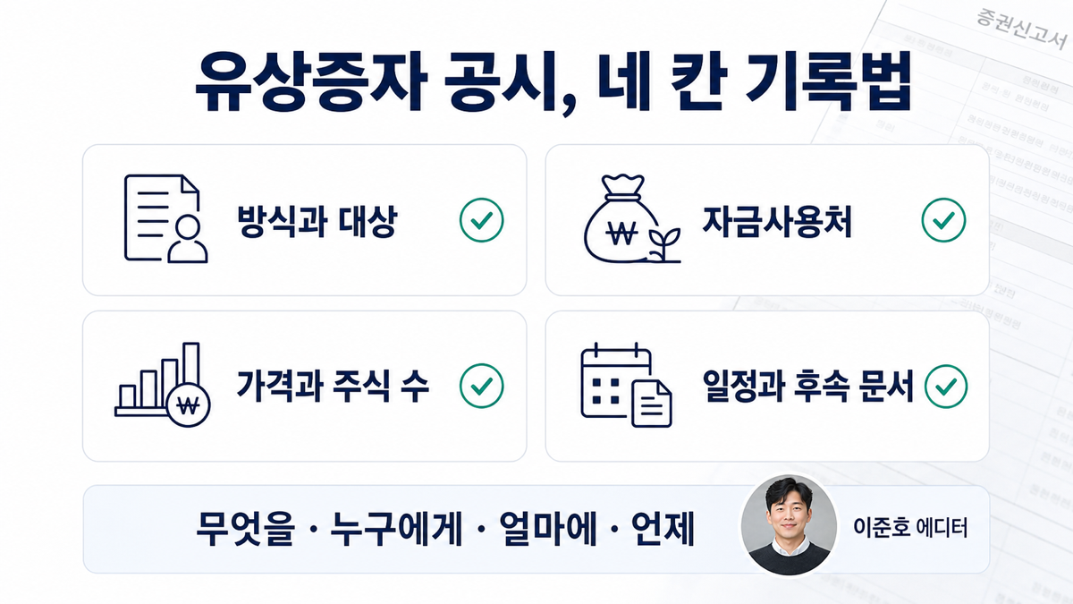유상증자 공시를 방식과 대상 자금사용처 가격과 주식 수 일정과 후속 문서 네 칸으로 기록하는 카드뉴스