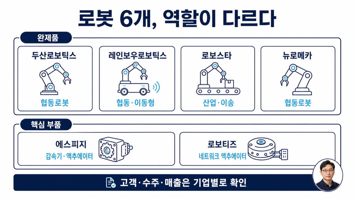 두산로보틱스, 레인보우로보틱스, 로보스타, 뉴로메카, 에스피지, 로보티즈의 역할을 구분한 카드