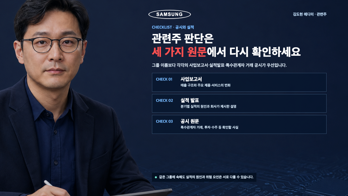김도현 에디터가 삼성 관련주 판단에서 사업보고서 실적 발표 공시 원문을 확인해야 한다고 설명하는 카드뉴스