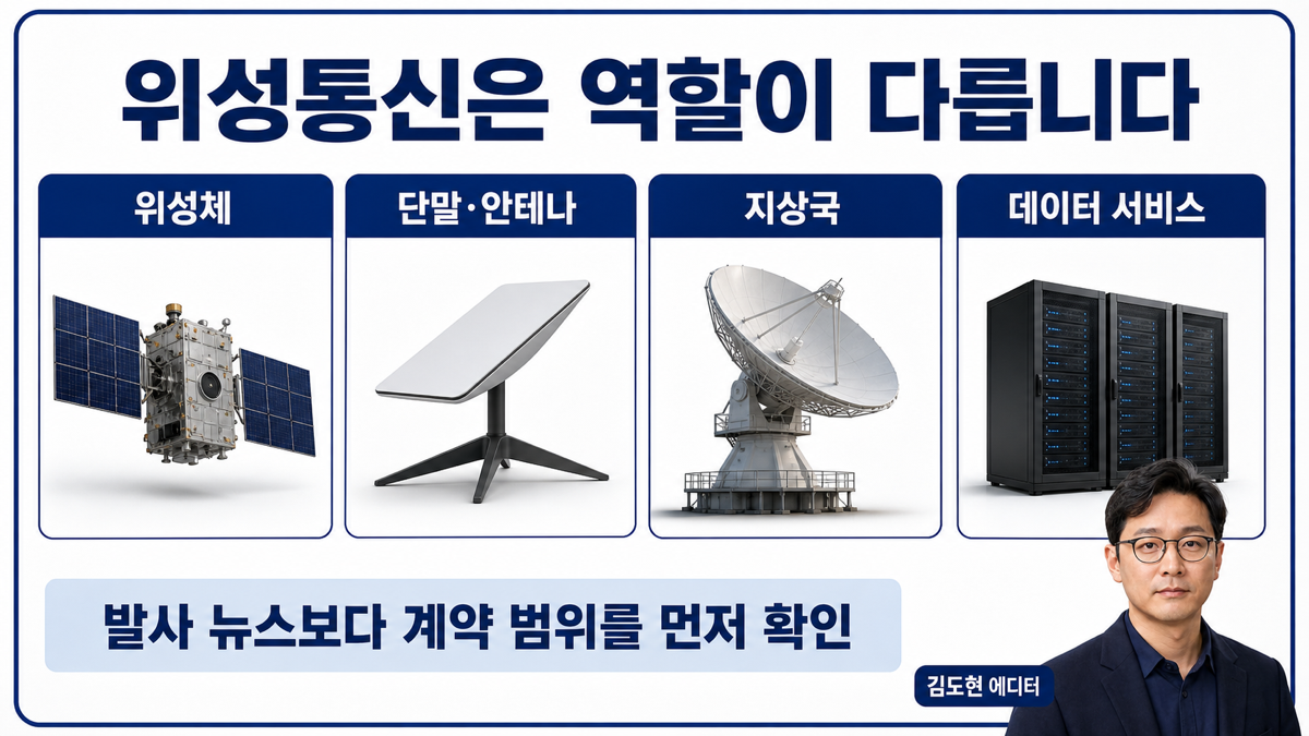 위성통신 산업을 위성체, 단말 안테나, 지상국, 데이터 서비스로 나눈 카드뉴스