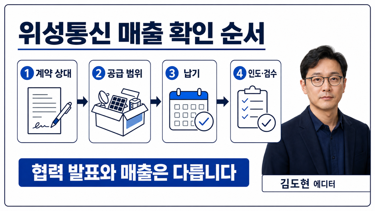위성통신 관련주에서 협력 발표 후 계약 상대 공급 범위 납기 검수를 순서대로 확인하는 카드뉴스
