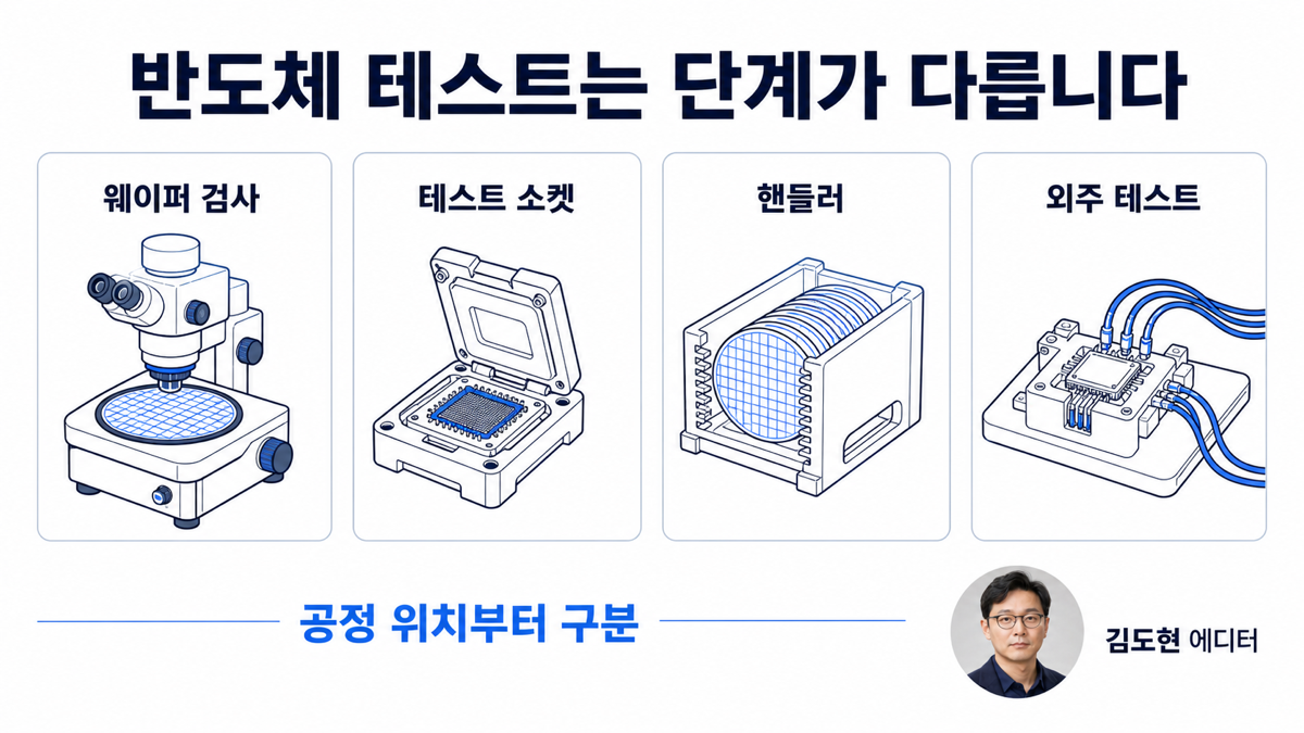 반도체 검사와 테스트가 웨이퍼 검사 테스트 소켓 핸들러와 외주 테스트로 나뉜다는 카드뉴스