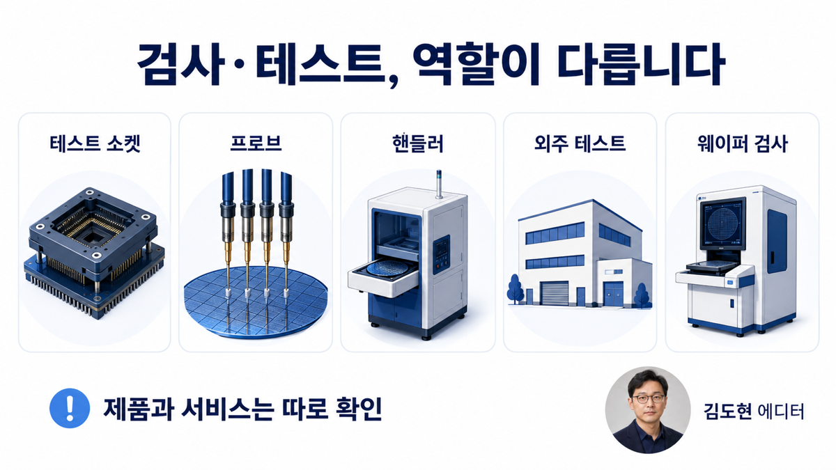 반도체 검사와 테스트 관련 다섯 기업을 소켓과 프로브 핸들러 외주 테스트 웨이퍼 검사로 구분한 카드뉴스