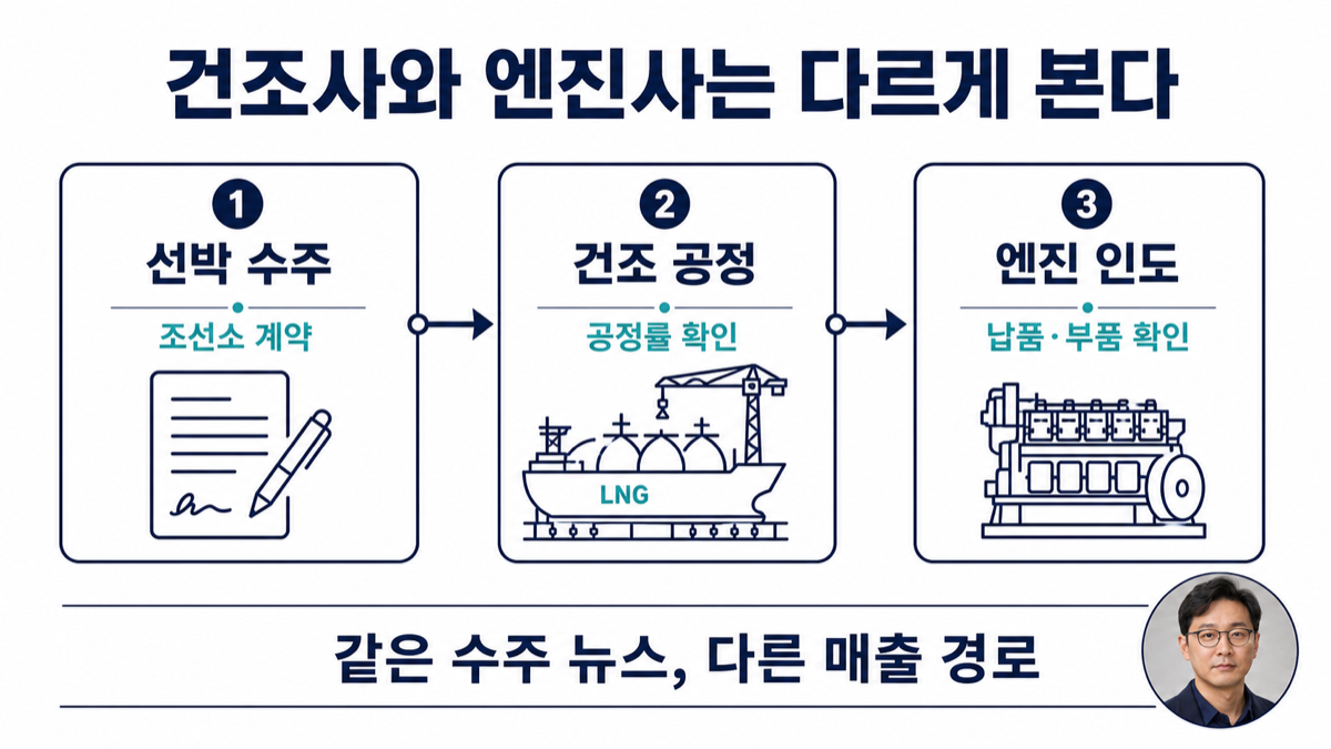 선박 수주부터 조선소 건조, 저속엔진 납품, 인도와 매출 인식까지의 조선 산업 흐름