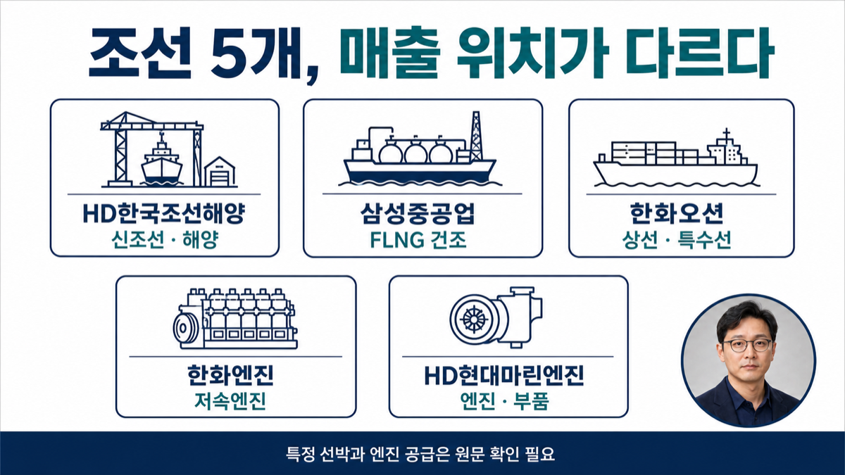 조선소, 해양설비, 선박엔진으로 구분한 조선 관련주 5개 기업의 매출 경로