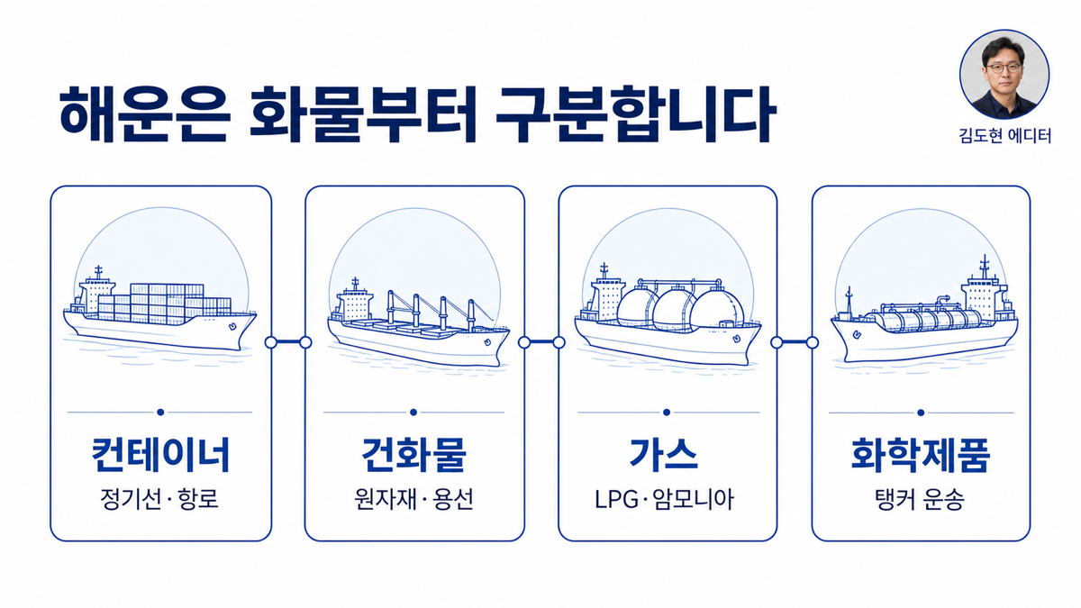 해운을 컨테이너 건화물 가스 화학제품 운송으로 구분한 카드뉴스